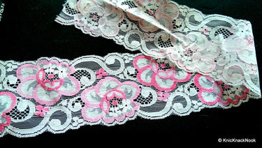 White And Pink Rose Floral Net Lace Trim Ribbon 85mm wide
